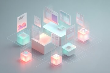 A minimalist AI control center in isometric 3D style, featuring floating interfaces and pastel color holographic panels
