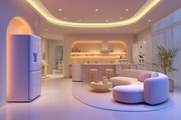 A minimal pastel colored smart home interior with integrated AI system, ambient lighting, and curved modern furniture