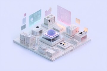 Obraz premium A minimalist AI control center in isometric 3D style, featuring floating interfaces and pastel color holographic panels