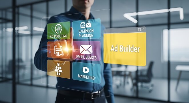 A businessman interacts with a futuristic digital interface, selecting options for ad targeting, campaign planning, email blasts, and marketing