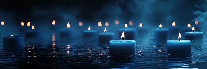 Many blue candles on water in a dark, misty atmosphere