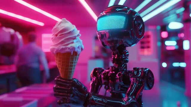 Future robot enjoys an ice cream cone inside a brightly lit store