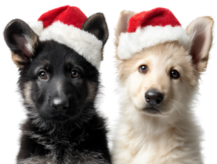 Two German Shepherd puppies, one black and the other beige with white fur, wearing Christmas hats on their heads, against a transparent background.png