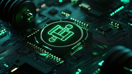 Glowing green icon of stacked objects on a circuit board.  Weights in the background