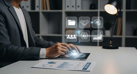 A businessman in a suit uses a tablet at his desk, surrounded by digital icons representing business analytics, ai, collaboration, and data management