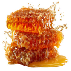 Fresh honeycomb dripping golden honey natural sweetener food product isolated on transprint background