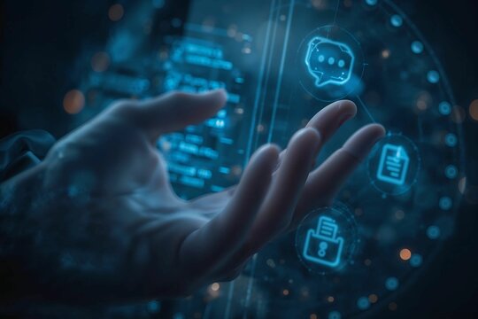 Digital Connectivity Hand Reaching for Online Communication and Data Icons in Futuristic Design