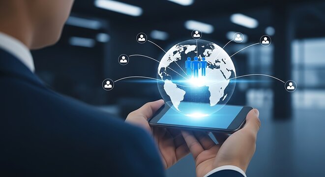 A person holds a smartphone displaying a glowing globe with interconnected people icons, illustrating global networking and digital communication