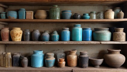 Aged pottery jars and vases on weathered wooden shelves