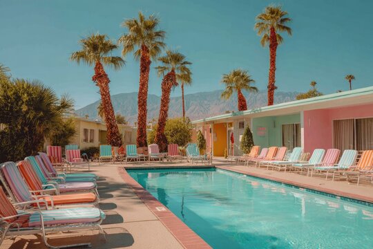 Retro style motel poolside scene with pastel lounge chairs, palm trees, and vintage towels under a clear sky