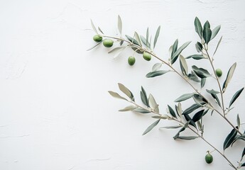 Olive branches with green olives on a textured white background