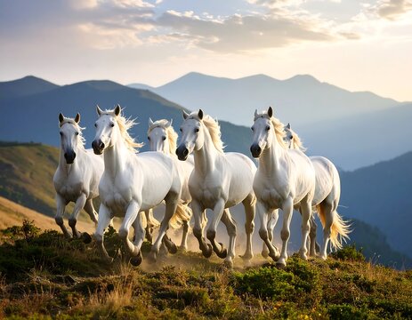 Majestic white horses galloping across a mountain meadow at golden hour