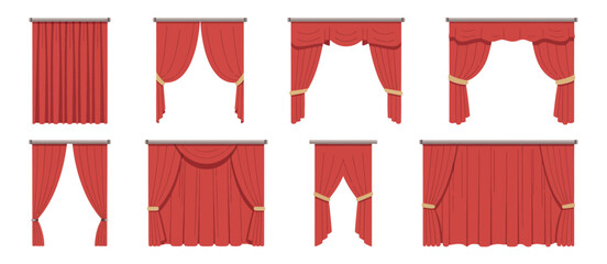 Collection of various red stage curtains and drapes with different styles and tiebacks