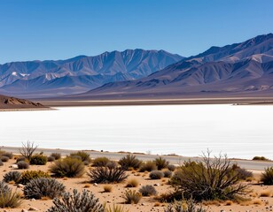 the image showcases a serene landscape dominated by a large mountain range that extends into the distance, the mountains are rugged with slopes adorned with sparse vegetation