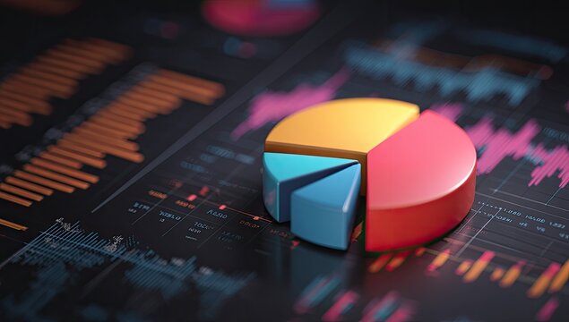 3D pie chart on a dark digital dashboard with various charts
