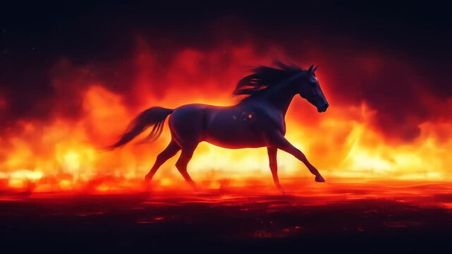 Dark horse running through fire with blazing flames and flowing mane in dramatic scene
