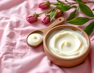 the image displays a close up of skincare products arranged on a pink fabric background with a subtle, creased texture that adds depth to the position, in the foreground