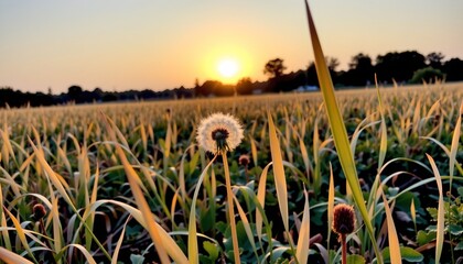 the image features a serene landscape with a sunset, in the foreground, there is a single dandelion seed head with long white filaments on a stem surrounded by tall golden grass