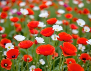 Obraz premium the image depicts a close up view of numerous red poppy flowers, the petals have a soft focus effect, creating a dreamy background of blurred poppies