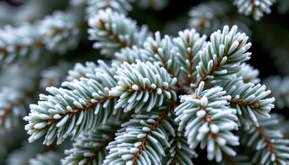 the image focuses on a cluster of coniferous tree needles, the needles are primarily green, but heavily coated with white frost or ice crystals, the lighting is diffused