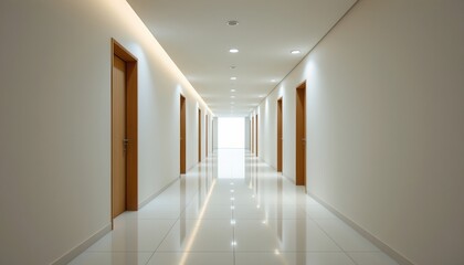 Fototapeta premium the image depicts a long, empty hallway, the walls are a muted shade of off white, creating a sense of spaciousness, several doors line the walls