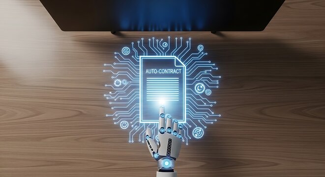 A futuristic robot hand interacts with a glowing digital document labeled autocontract, surrounded by a circuit board pattern, symbolizing automated agreements and technological advancement