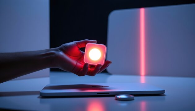 the image shows a close up of a human hand holding what appears to be a block with a glowing light in its center, hovering just above a flat surface that reflects the same light