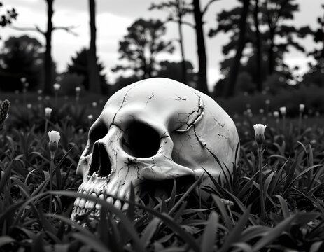 the image presents a striking contrast between life and death, in the foreground, theres a large, white skull with hollowed out eye sockets, mouth, and nose cavity