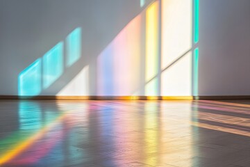 Colorful shadows cast by stained glass windows on a light-colored floor