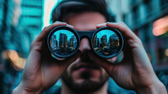 A man wearing glasses looking at a cityscape through binoculars. - Powered by Adobe