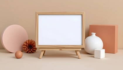 the image showcases a wooden, rectangular frame resting on splayed legs, the interior of the frame is filled with a blank white space, the frame sits on a textured, flat surface