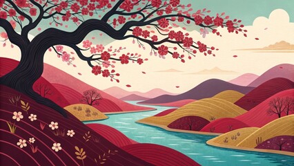 A serene landscape with a blossoming tree overlooking a river and rolling hills in a stylized art