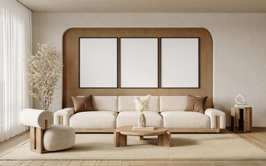 Minimalist Scandinavian Living Room with Triple Poster Frames Above Sofa