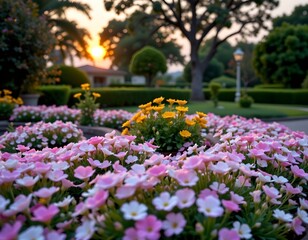 the image captures a serene garden scene during what appears to be either dawn or dusk, given the soft lighting that creates a warm ambiance