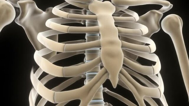 A detailed view of a human skeleton featuring the ribcage clavicle and upper arm bones on black