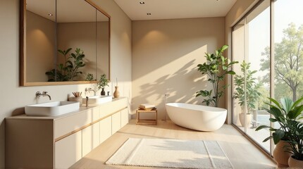 A serene bathroom with natural light and lush greenery.