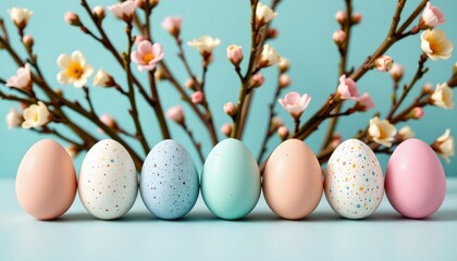 Fototapeta premium the main focus of the image is a collection of decorated eggs placed on a surface, behind the eggs, out of focus branches with budding flowers reach upwards, creating a soft