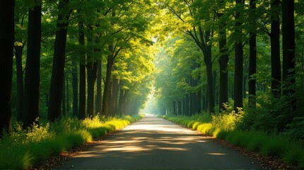 Obraz premium Sunlight streams down a paved path lined with lush trees.