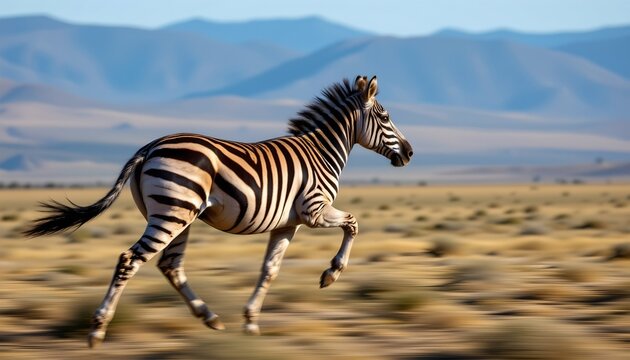 the image captures a moment of motion, featuring a zebra in full gallop against a blurred background that suggests speed, the zebra, with its iconic black and white stripes