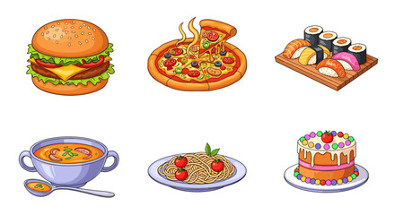 Assorted food items including burger pizza sushi soup spaghetti and cake are displayed together
