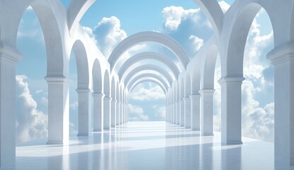 White arched colonnade reaching to a sky filled with clouds