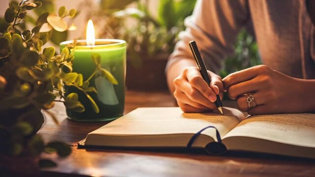 A woman writting on cozy space with green aromatic candle light.