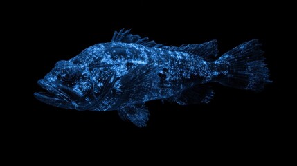 A mesmerizing blue silhouette of an intriguing fish, perfectly poised against a backdrop of deep, enigmatic black, a striking portrayal of aquatic life.