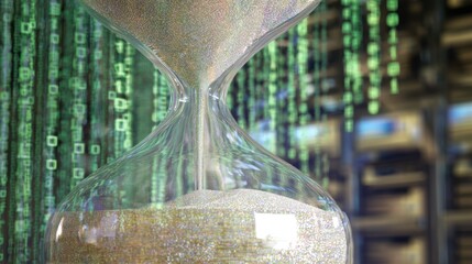 Hourglass and binary code. Time and data concept.