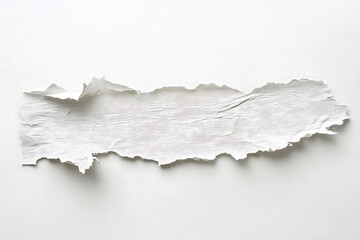 A high-resolution close-up of a piece of torn white paper against a plain white background, showcasing the texture and jagged edges.
