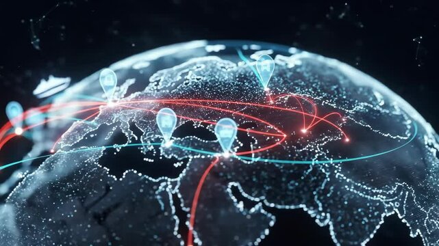 Global network connections illustrated on a digital globe with data points and routes highlighted - Powered by Adobe