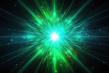 Fototapeta premium A bright green light explosion with radiating beams in a dark cosmic background effect image view