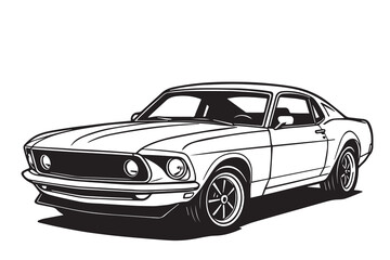 Black and white vector illustration of a Mustang car, outlined in bold black lines, showcasing its iconic shape and powerful, classic muscle design.

