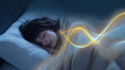 A peaceful slumber, a young woman embraces deep sleep, surrounded by soothing comfort, and a visualization of energy. An immersive and tranquil sleep.