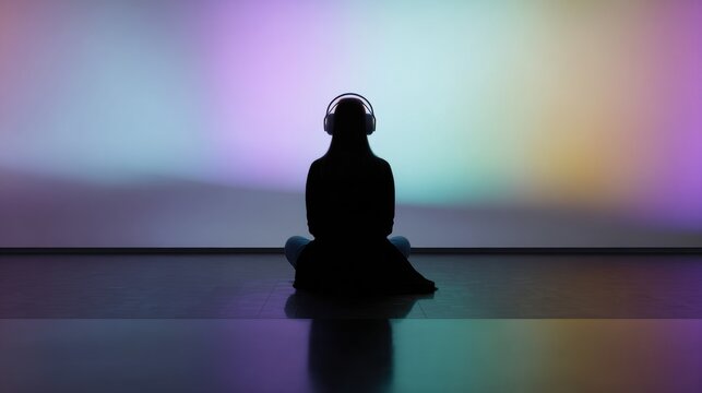 Silhouette of a person sitting cross-legged, wearing headphones, against a vibrant, colorful backdrop. The image evokes feelings of tranquility, contemplation, and immersion in sound.